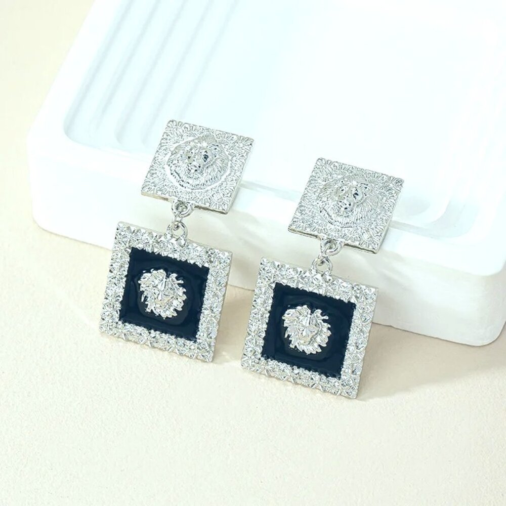 2/$24 Retro Roman Style Silver Black Quadrilateral Lion Patchwork Earrings